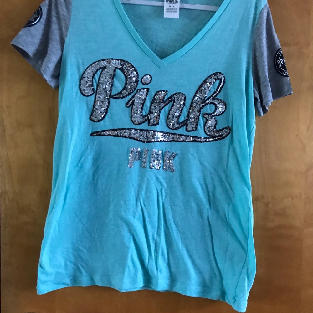 PINK Sequin Logo V-Neck Tee in Aqua with Gray Sleeves